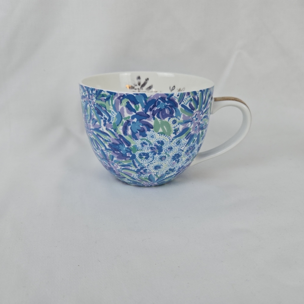 Lilly Pulitzer Blue Green‎ Purple Floral Gold Trim Hidden Lions Coffee Tea Cup
